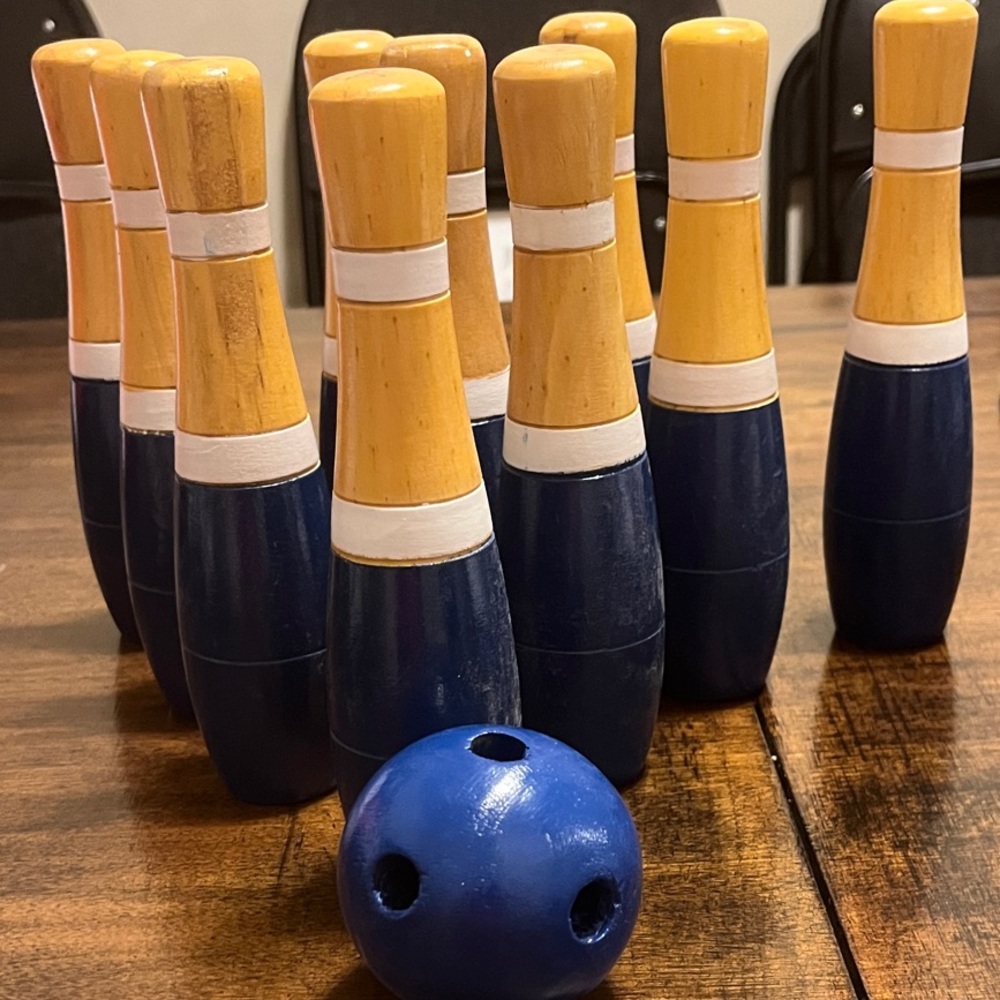 Classic Wooden Bowling Set with Blue and Natural Finish